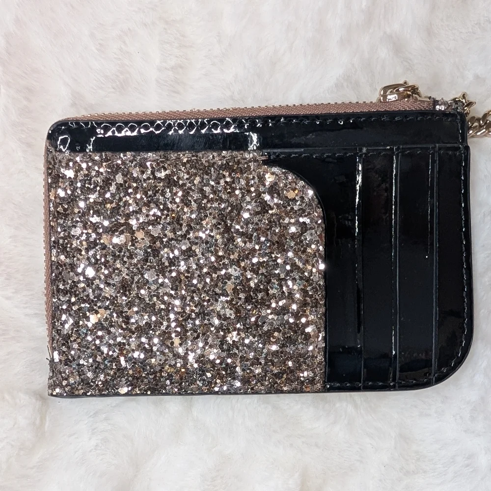 Kate Spade Glitter Card Holder Coin Purse Keychain Silver Black